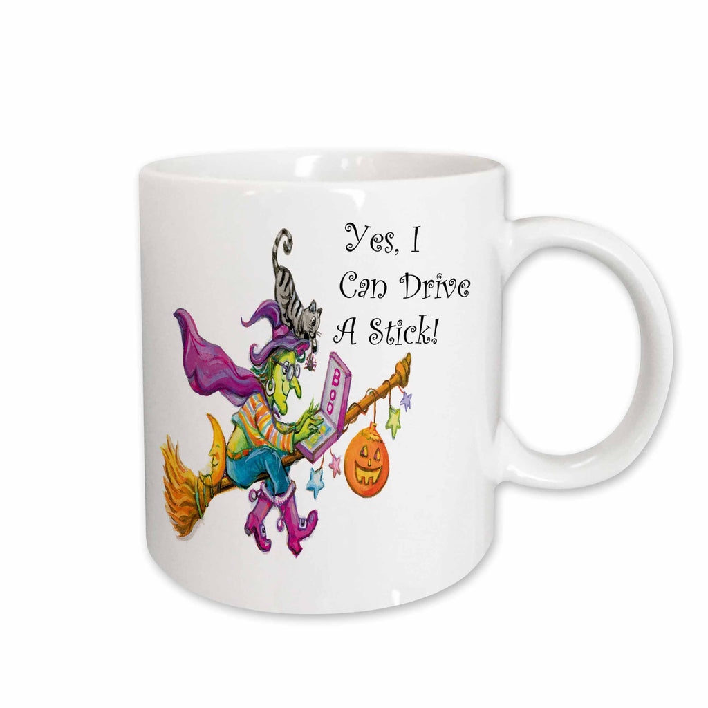 3dRose Cute Witch Flying Her Groom Says Yes I Can Drive A Stick In Black - Mugs (mug_216808)