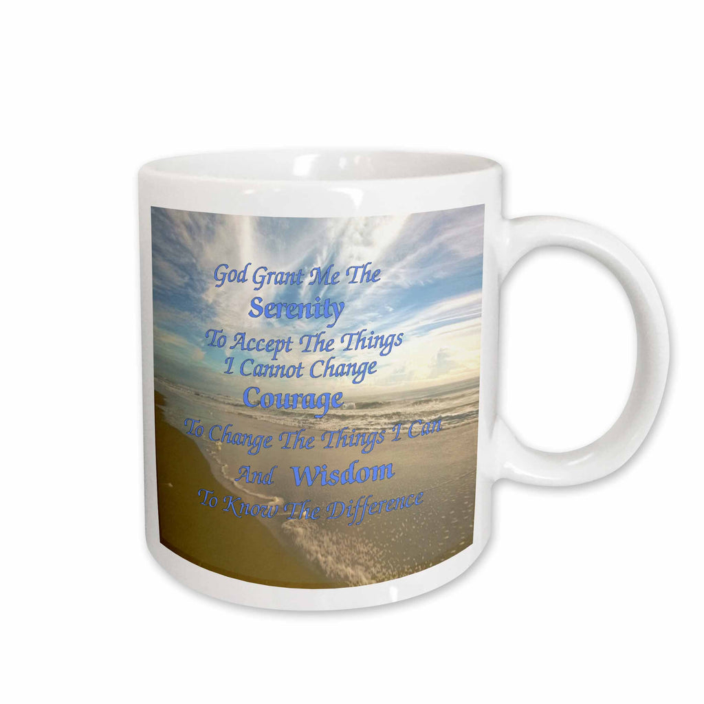 3dRose Image of Serenity Prayer On Calm Beach And Sky Photo - Mugs (mug_237480)