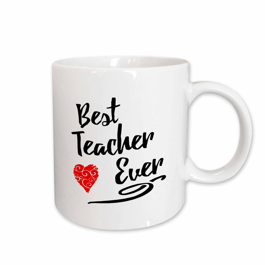 3dRose Typographic Design- Best Teacher Ever in Black with Red Swirly Heart - Mugs (mug_241095)