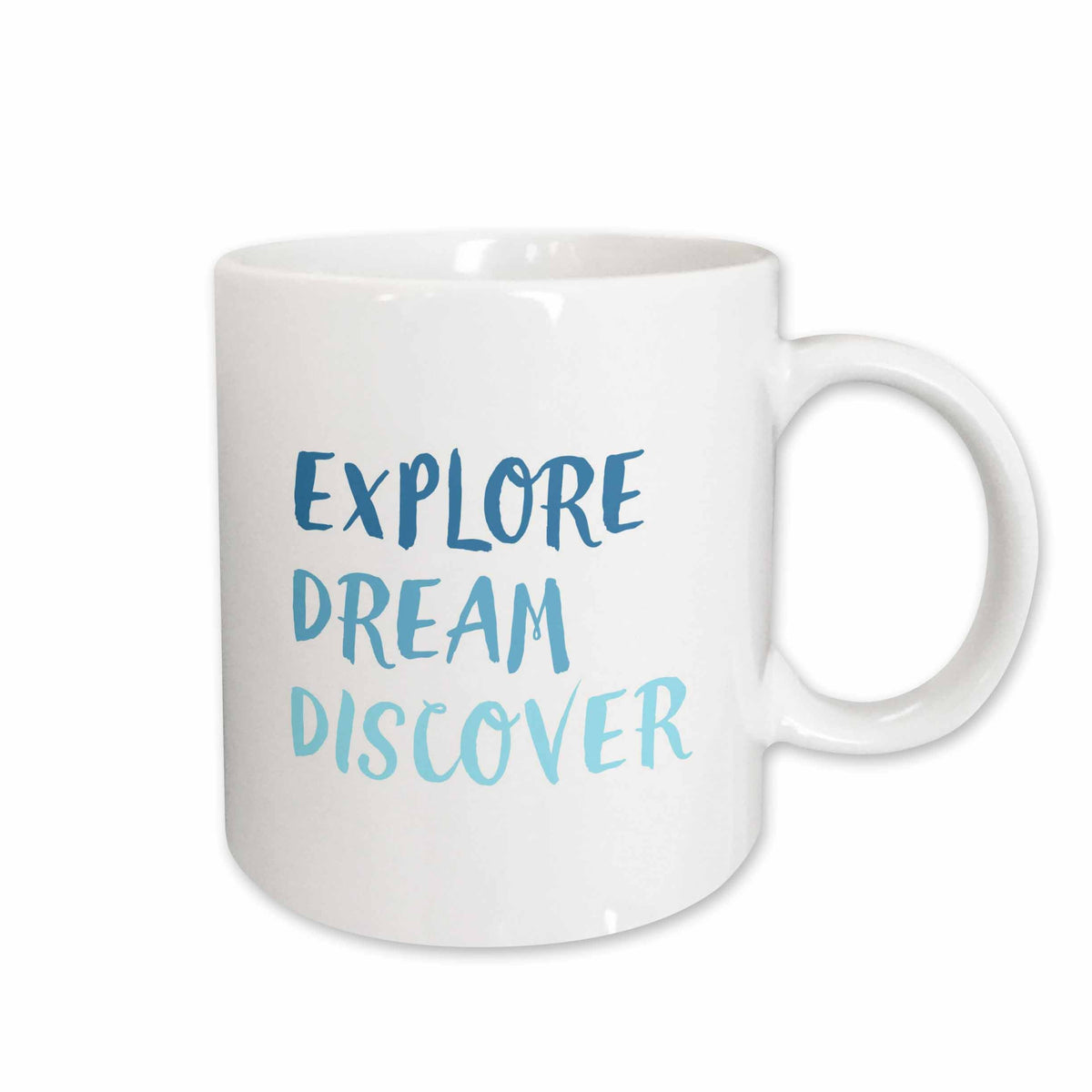 3dRose Explore dream discover, blue letters on a white background - Mugs (mug_245014)