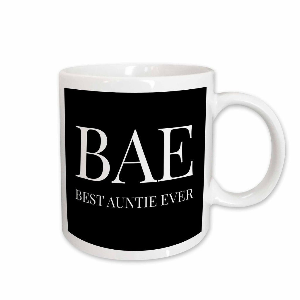 3dRose Bae, best auntie ever, white letters on a black background - Mugs (mug_245026)