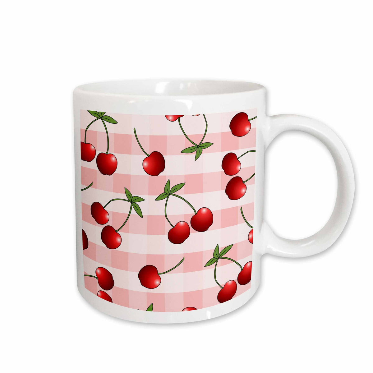 3dRose Cherry Print Juicy Red Cherries on Pink Check - Mugs (mug_24733)