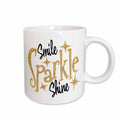 3dRose Smile Sparkle Shine Text with Stars in Black and Gold Colors on White... - Mugs (mug_255866)