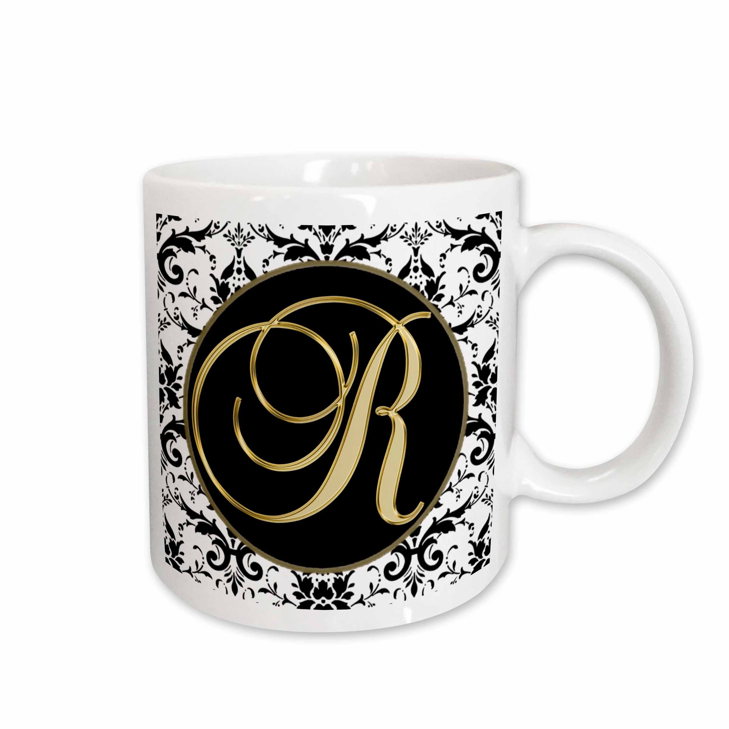 3dRose Fancy Monograms - Image of The Script Letter R in Black White and Gold - Mugs (mug_256282)