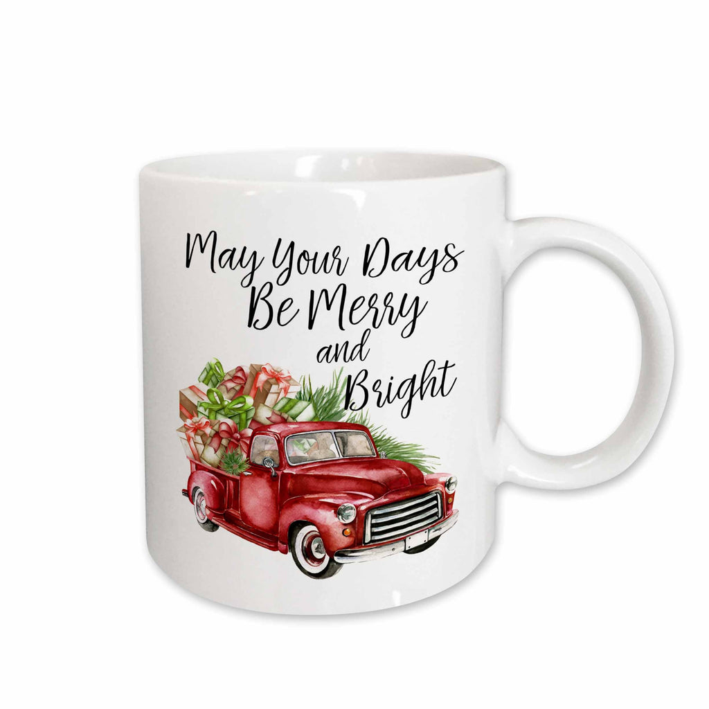 3dRose May Your Days Be Merry and Bright Watercolor Christmas Truck - Mugs (mug_263634)