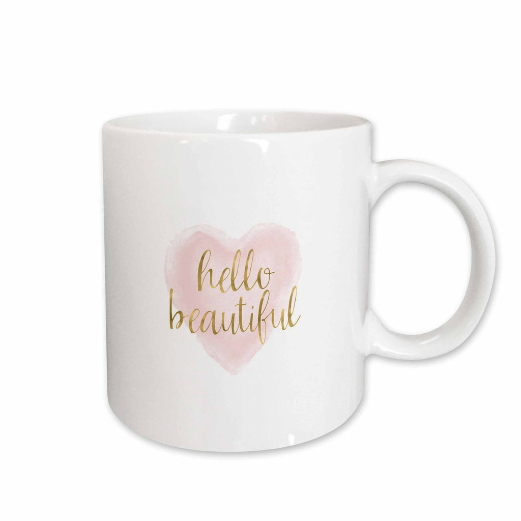 3dRose PS Inspiration - Pink Gold Hello Beautiful Heart - Mugs (mug_265783)