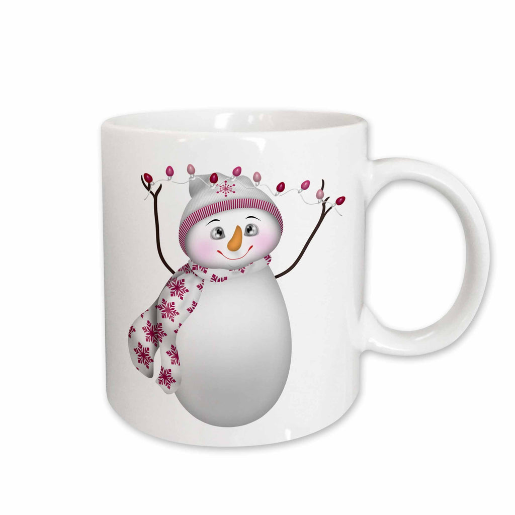 3dRose Cute Pink and White Christmas Snowman With Christmas Lights - Mugs (mug_267670)