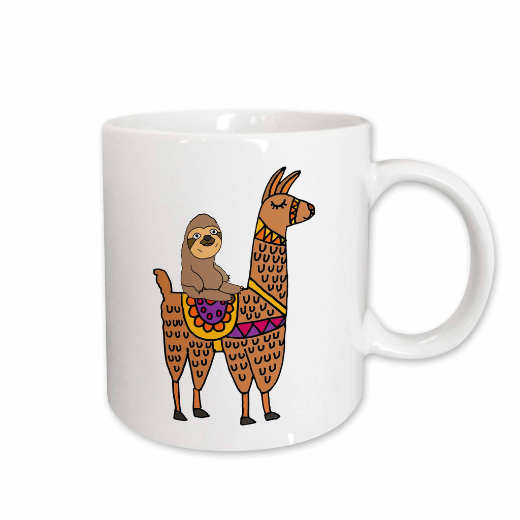 3dRose All Smiles Art Animals - Funny Cute Sloth Riding Llama Cartoon - Mugs (mug_270098)
