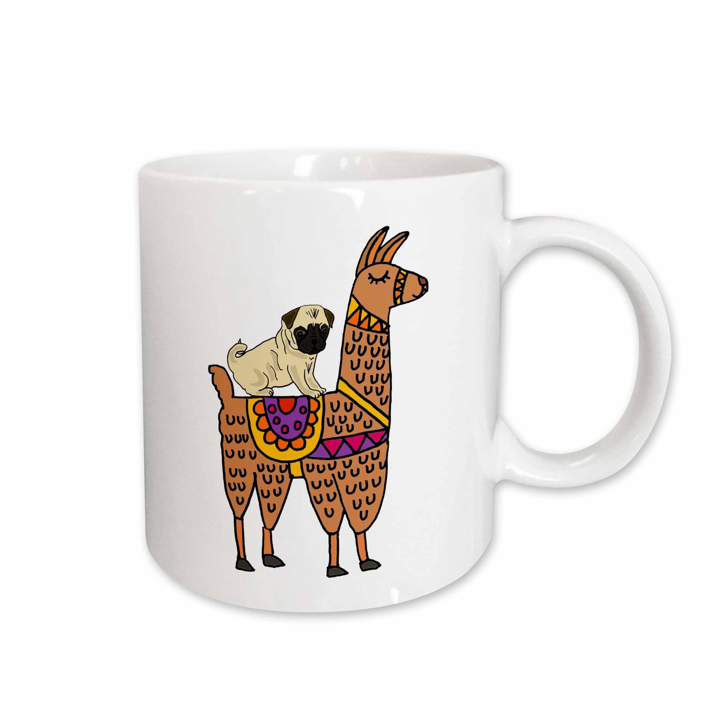 3dRose All Smiles Art Animals - Cool Humorous Pug Dog Riding llama Cartoon - Mugs (mug_270099)