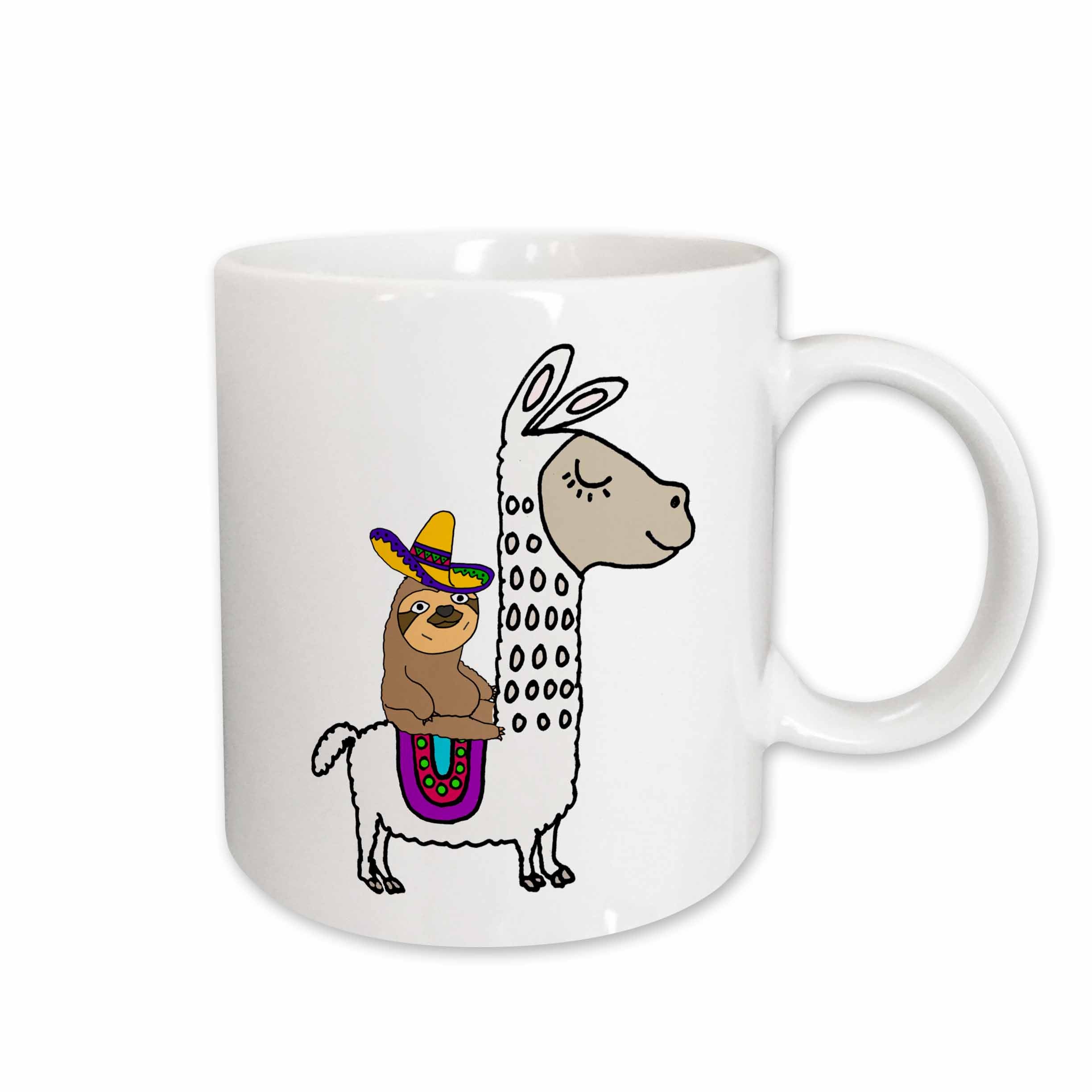 3dRose Funny Cute Sloth with Sombrero Riding White Llama Cartoon - Mugs (mug_273492)