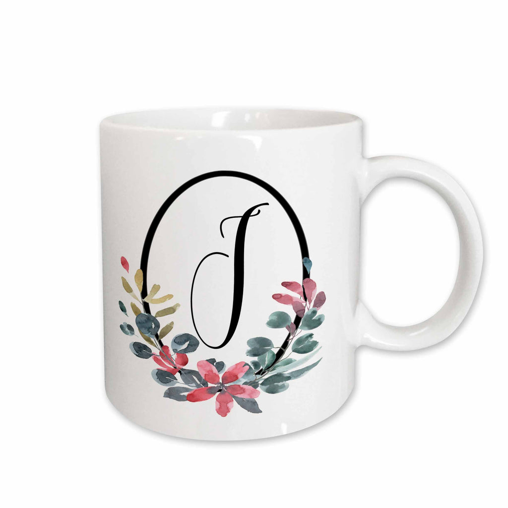 3dRose Black Oval Frame, Pink and Blue Watercolor Floral Monogram Initial J - Mugs (mug_274051)