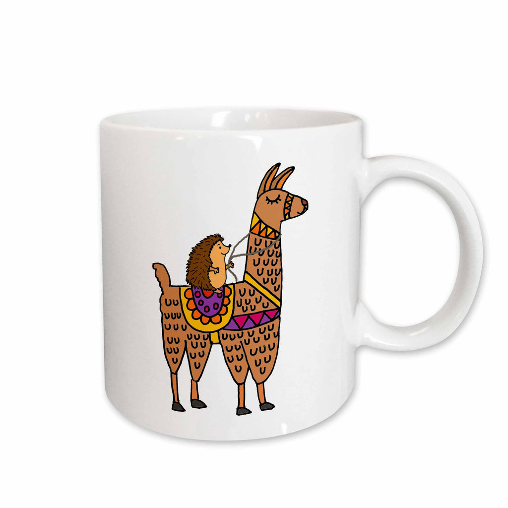 3dRose All Smiles Art Animals - Funny Cool Hedgehog Riding llama Cartoon - Mugs (mug_275767)