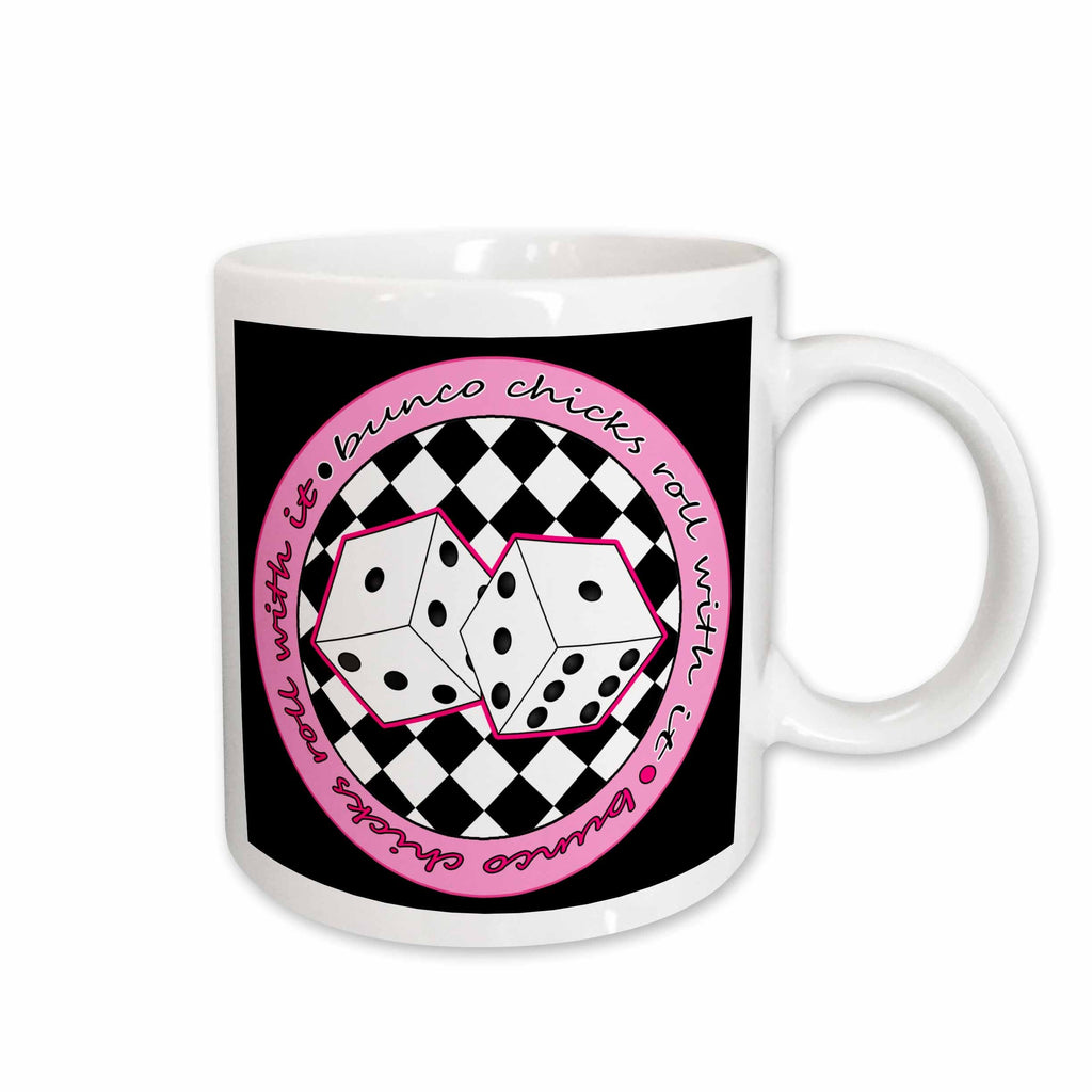 3dRose Janna Salak Designs Bunco - Bunco Chicks Roll With It Pink and Black - Mugs (mug_28494)