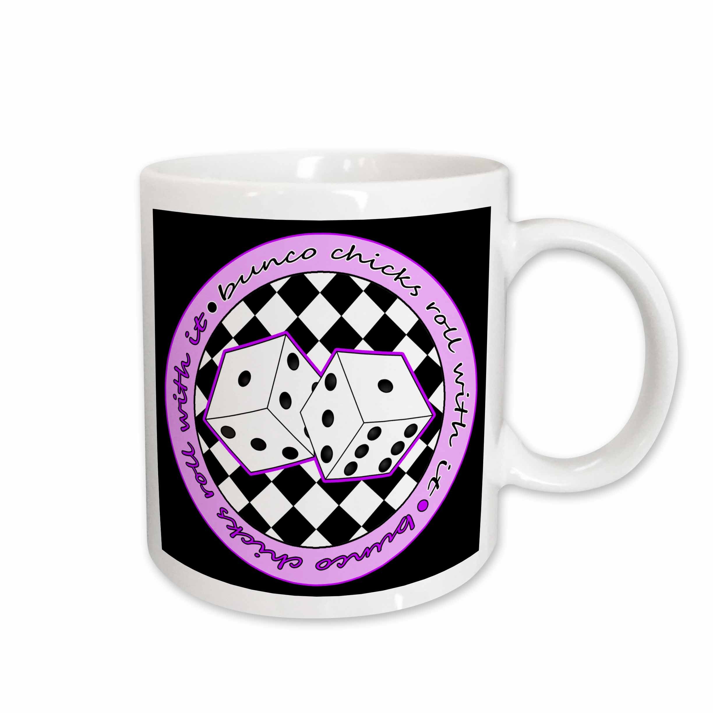 3dRose Janna Salak Designs Bunco - Bunco Chicks Roll With It Purple and Black - Mugs (mug_28495)
