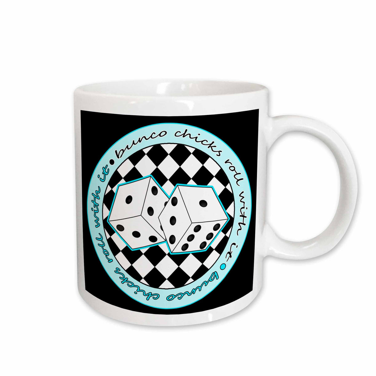 3dRose Janna Salak Designs Bunco - Bunco Chicks Roll With It Blue and Black - Mugs (mug_28496)