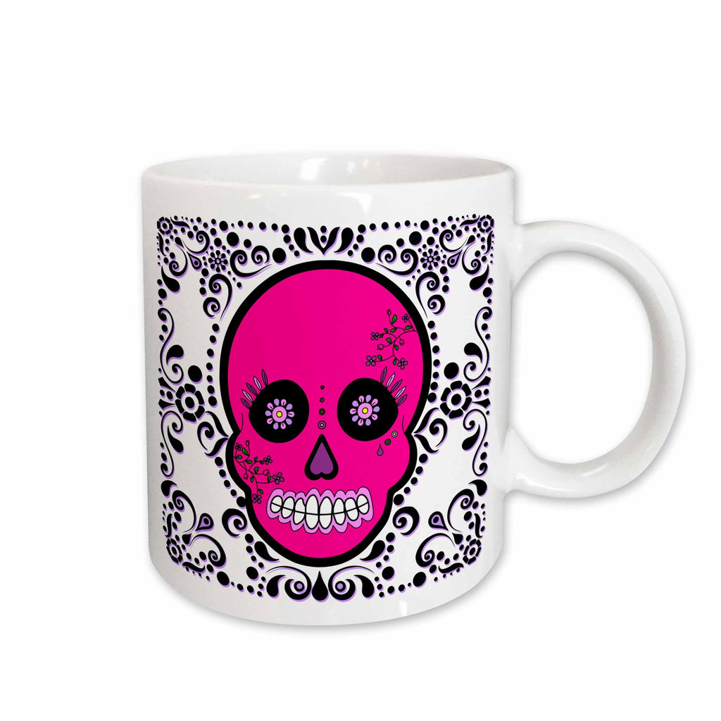 3dRose Day of the Dead Skull Día de los Muertos Sugar Skull Pink White Black... - Mugs (mug_28871)