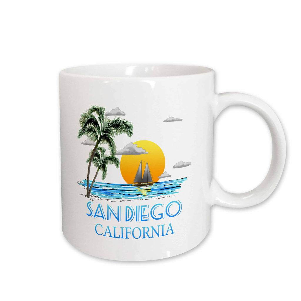 3dRose San Diego California nautical sailing design of boat and palm trees. - Mugs (mug_299286)
