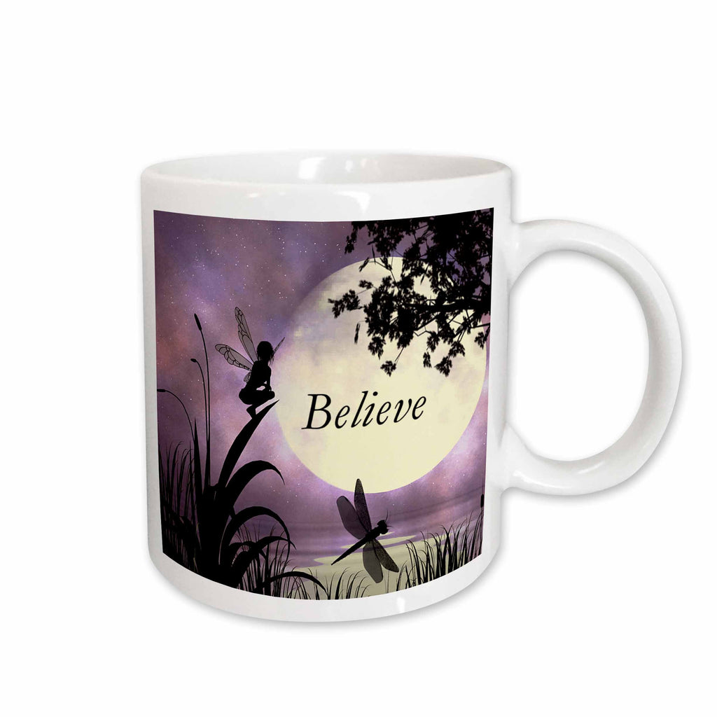 3dRose Believe, Fairy With Dragonflies With Moon And Purple Sky - Mugs (mug_35696)