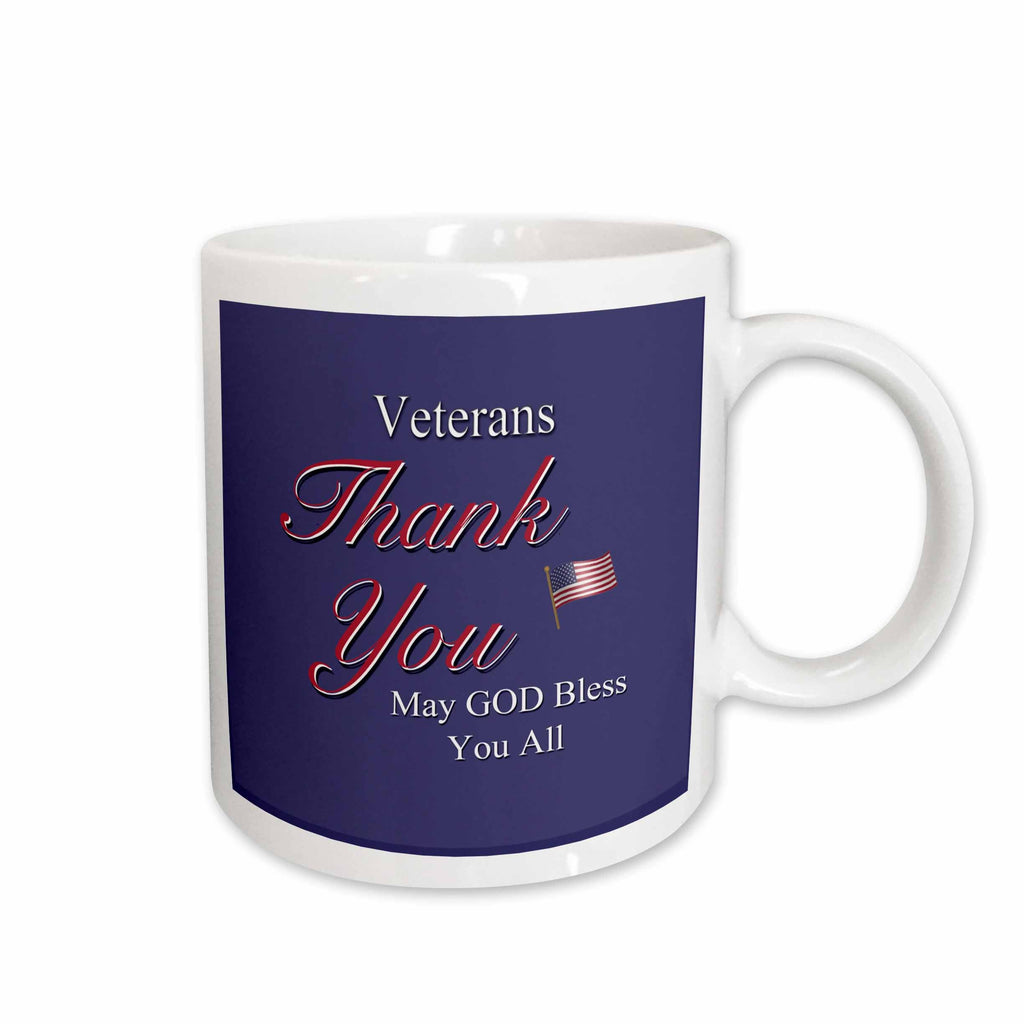 3dRose Thank You Veterans, May God Bless you all. Text art with USA flag in red,... - Mugs (mug_36111)