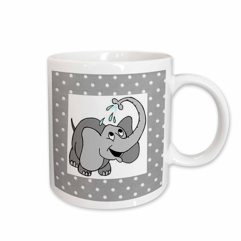3dRose Florene Childrens Art - Adorable Baby Elephant On Dotted Gray and White - Mugs (mug_37284)