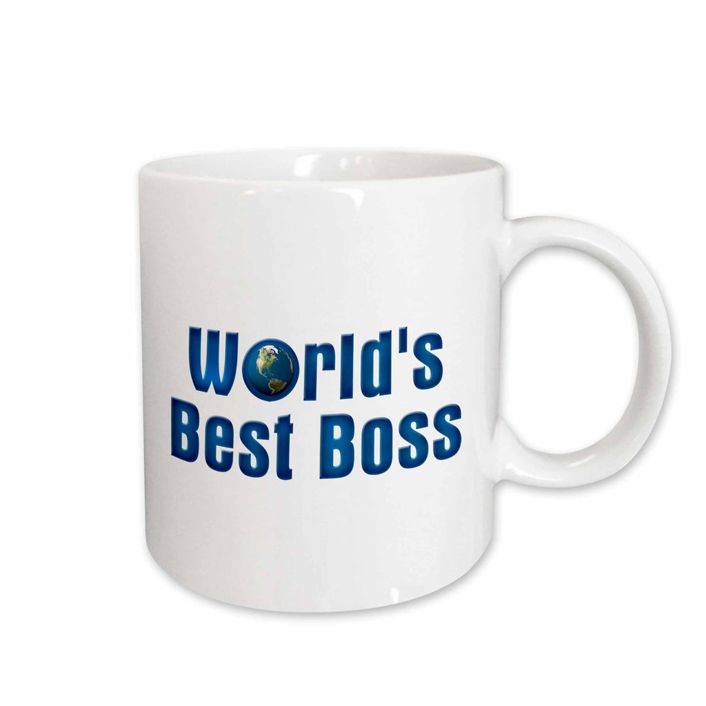 3dRose Blue text Worlds Best Boss with globe on white background - Mugs (mug_41823)