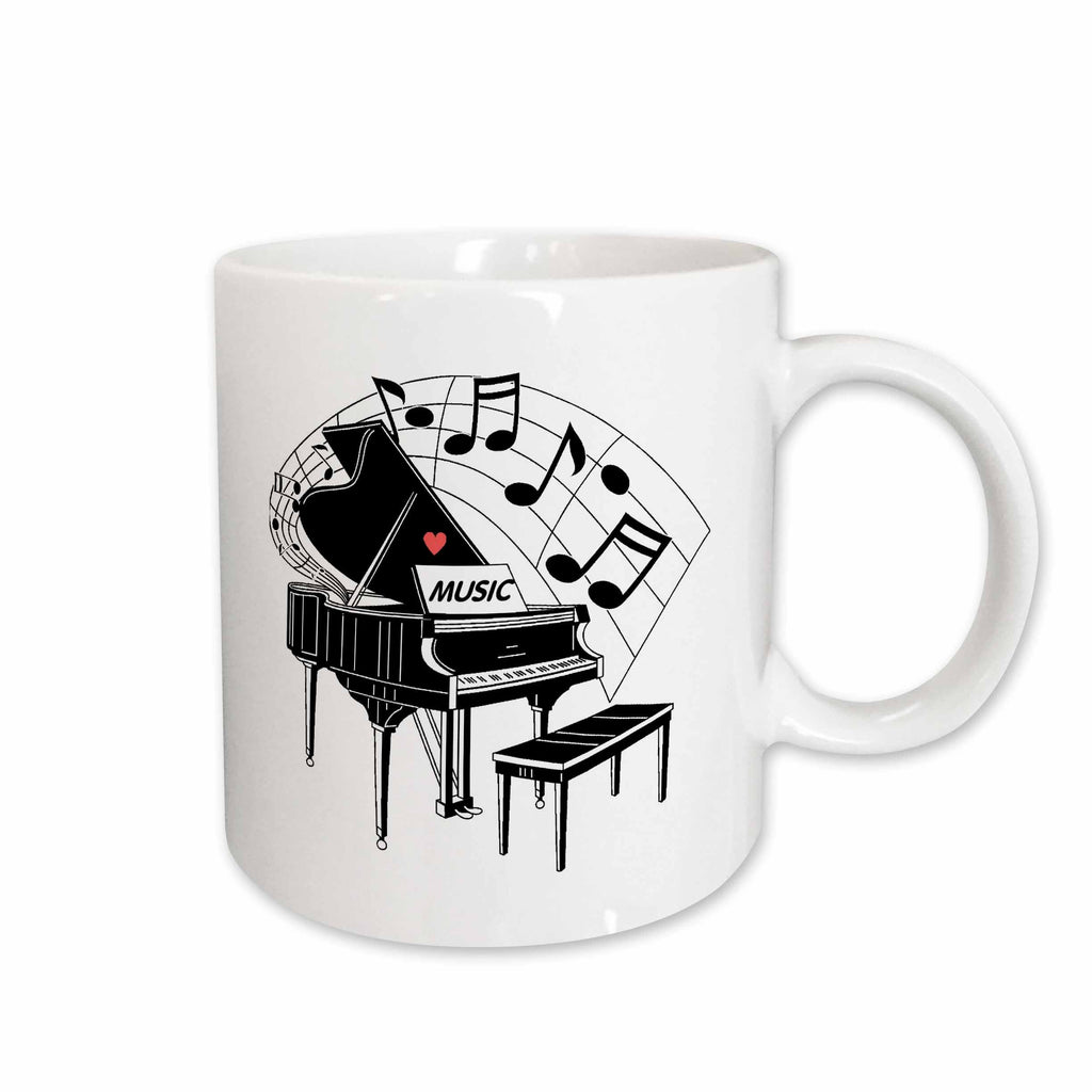 3dRose Florene Music - Black Piano with Dancing Notes n Love Music on It - Mugs (mug_44809)