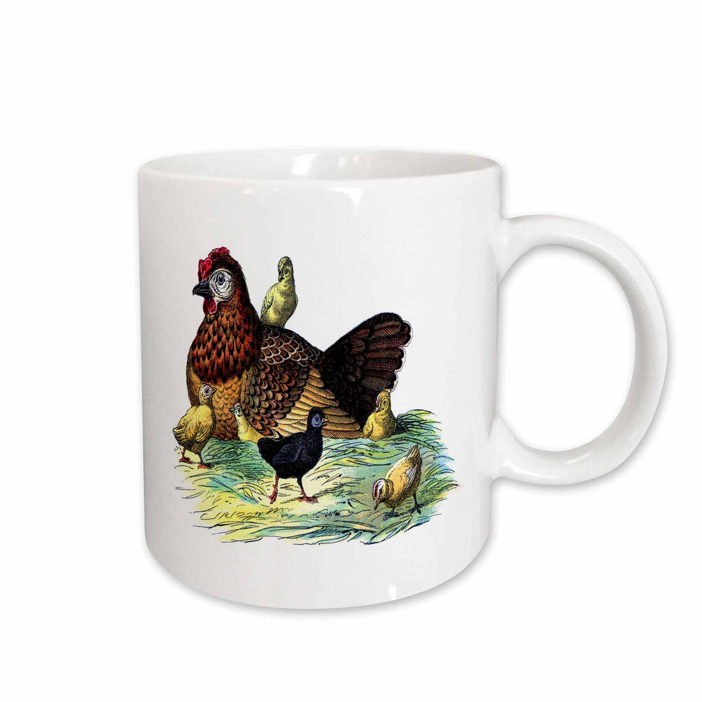 3dRose Florene Vintage - Chickens n Hen Vintage Print - Mugs (mug_52334)