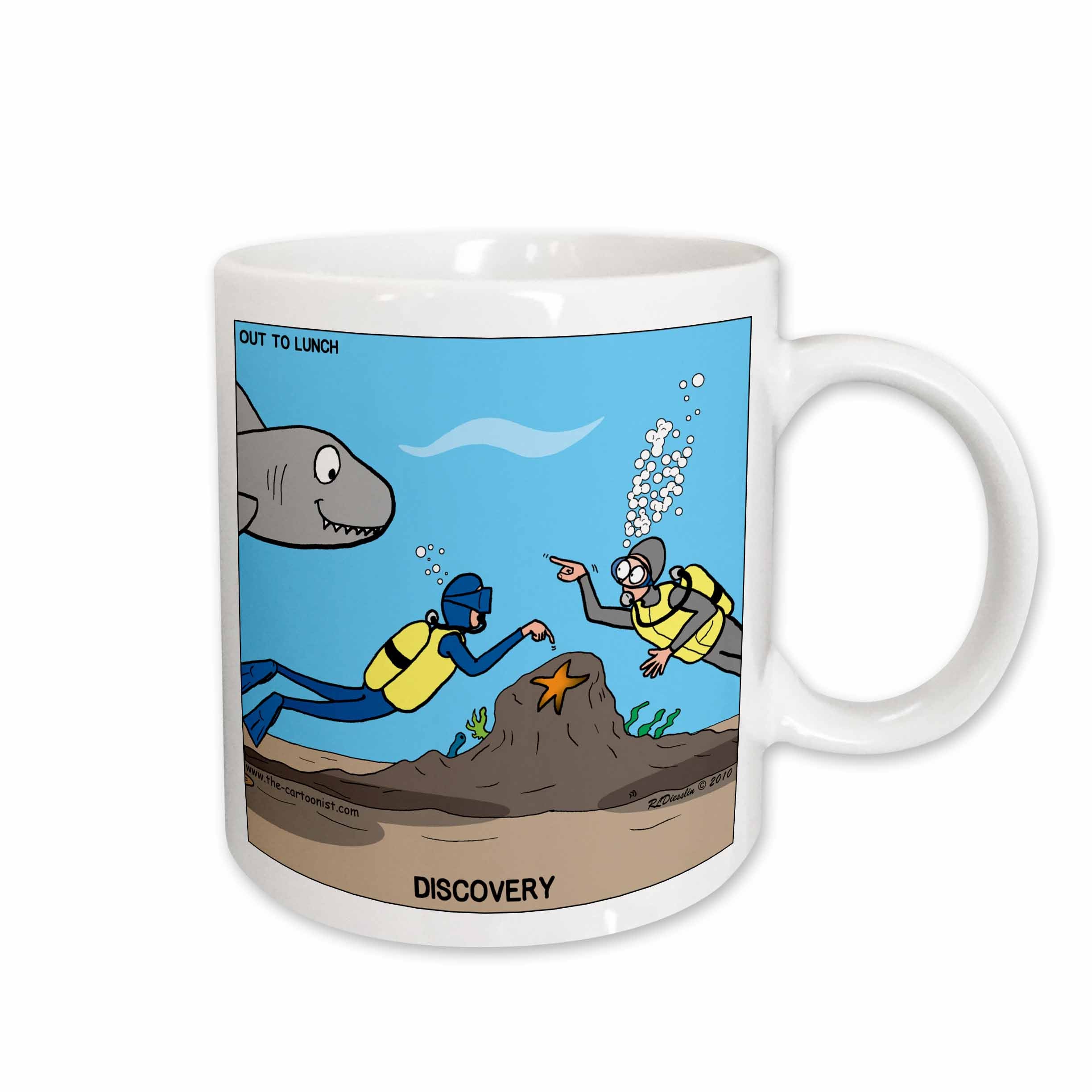 3dRose SCUBA Surprise - diver points out star fish and buddy points out the shark! - Mugs (mug_5292)
