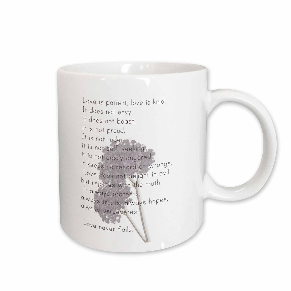 3dRose Love is Patient, Love is Kind Verse with Lavender Flowers - Inspirational - Mugs (mug_56229)
