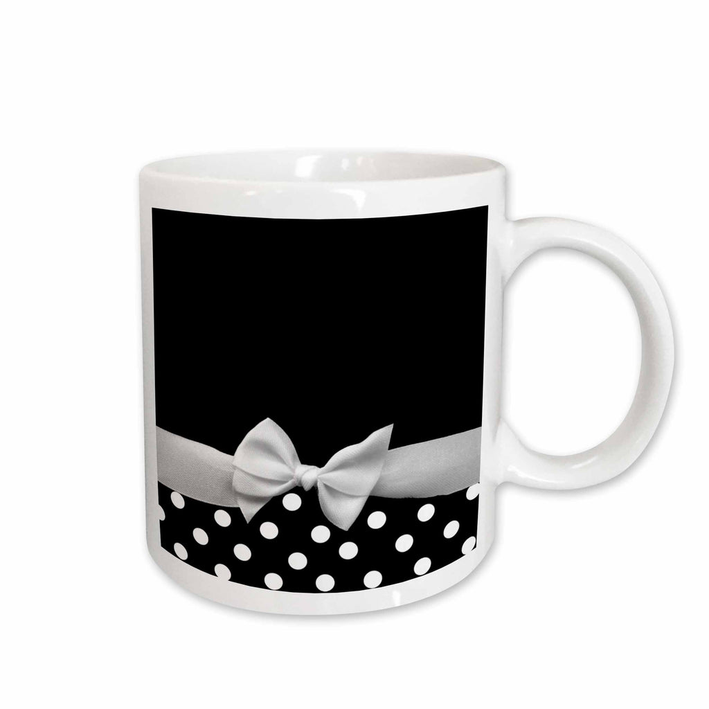 3dRose Retro chic black and white polka dots and white ribbon bow - 50s classic... - Mugs (mug_56661)