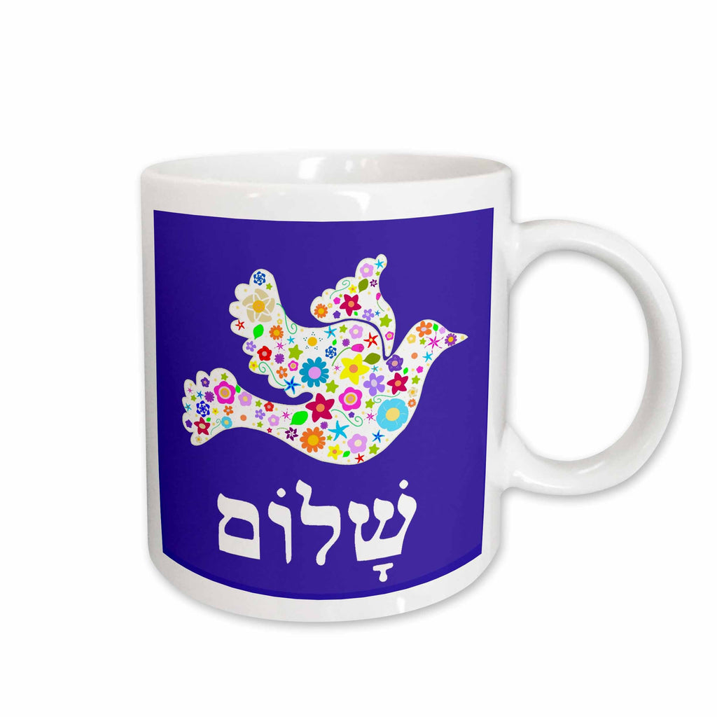 3dRose White floral dove of peace with Hebrew Shalom text - flowery - flowers -... - Mugs (mug_58351)