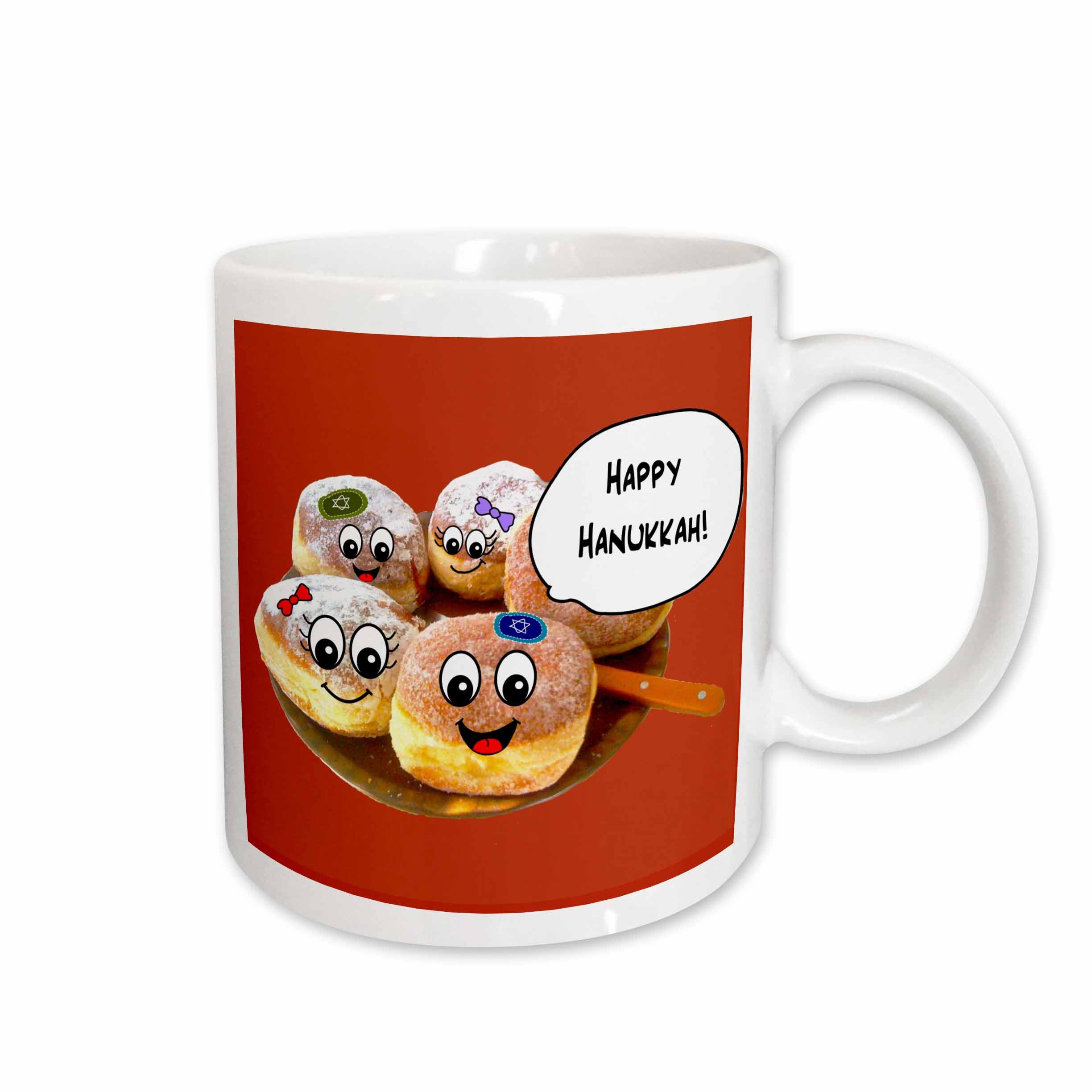 3dRose Red Cute Happy Hannukah smiling cartoon donuts - for channukah - chanukah... - Mugs (mug_58352)