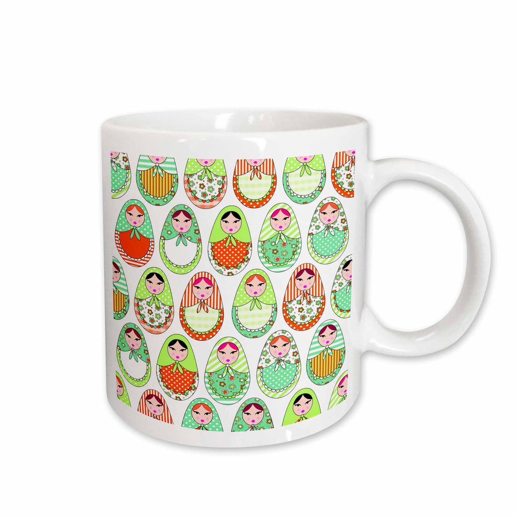 3dRose Cute Russian Matryoshka Nesting Dolls Print - Warm Colors White - Mugs (mug_58631)