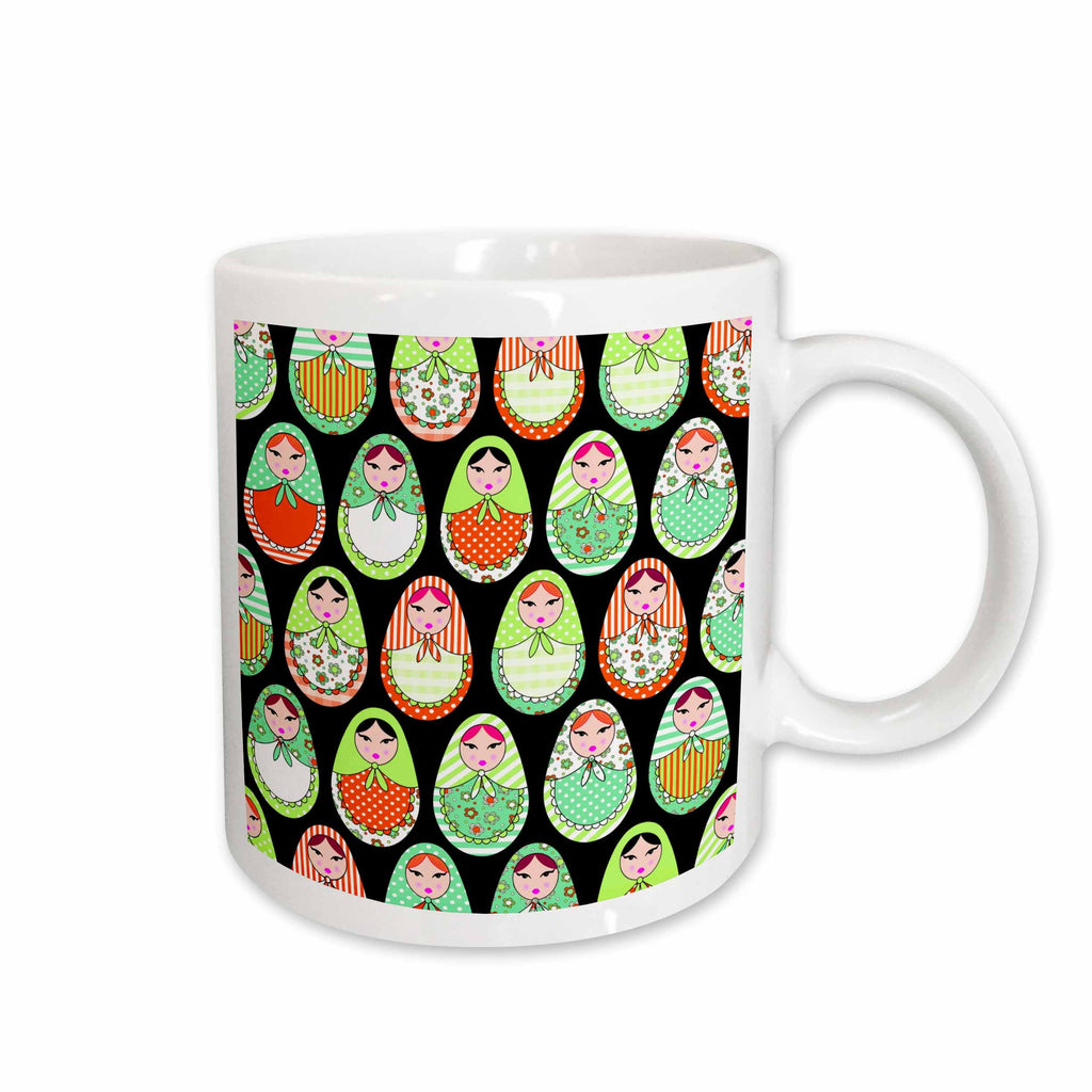 3dRose Cute Russian Matryoshka Nesting Dolls Print - Warm Colors Black - Mugs (mug_58632)