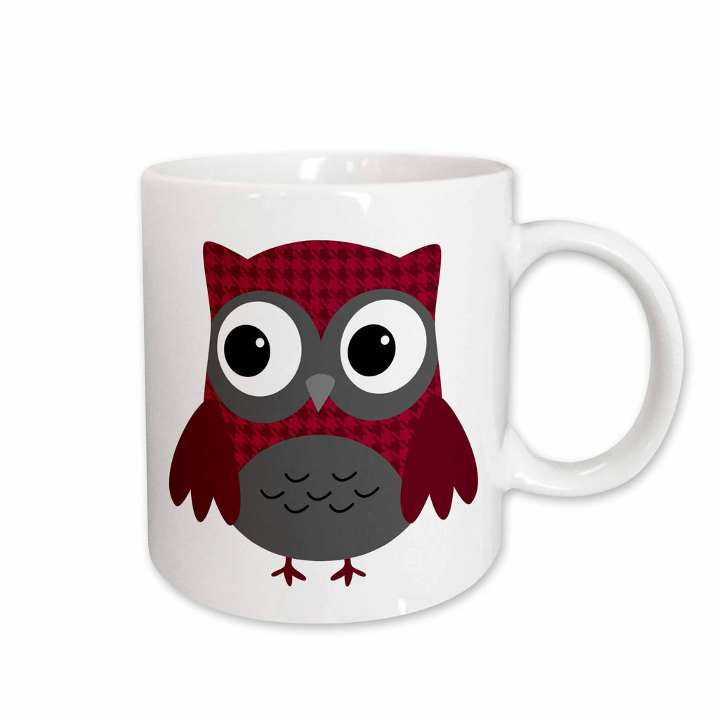 3dRose Anne Marie Baugh Owls - Cute Ruby Red Houndstooth Patterned Owl - Mugs (mug_61031)