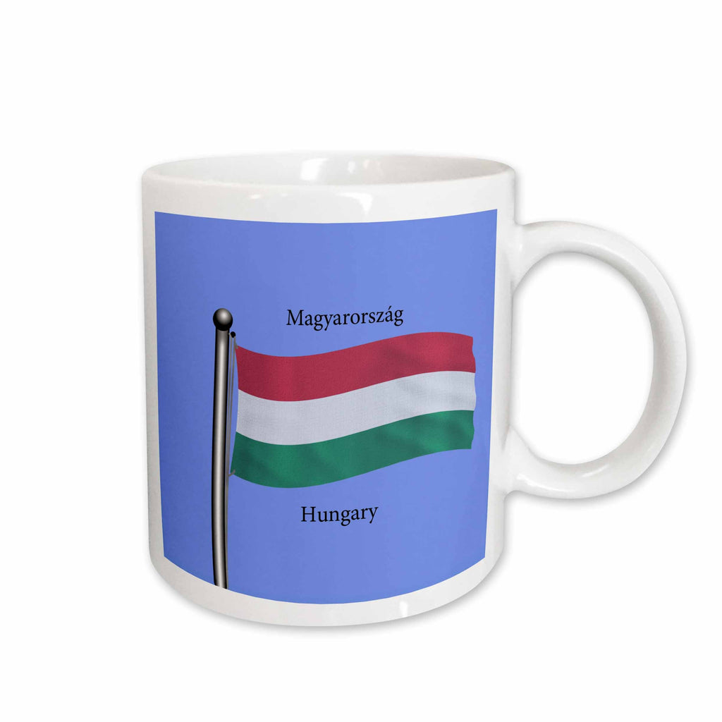 3dRose The flag of Hungary waving on a blue background and Hungary written in... - Mugs (mug_63162)