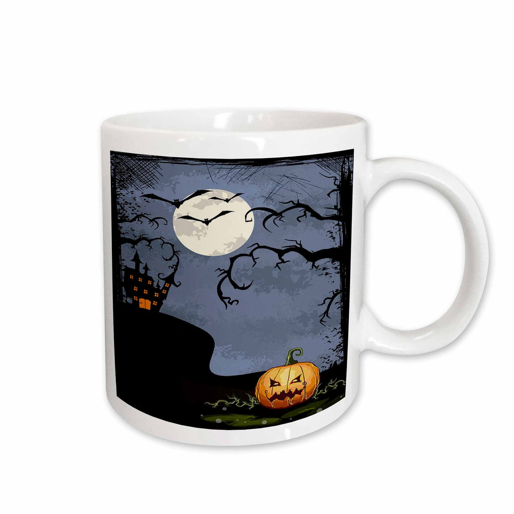 3dRose Halloween Haunted House With Moon, Tree, and Pumpking - Mugs (mug_65453)