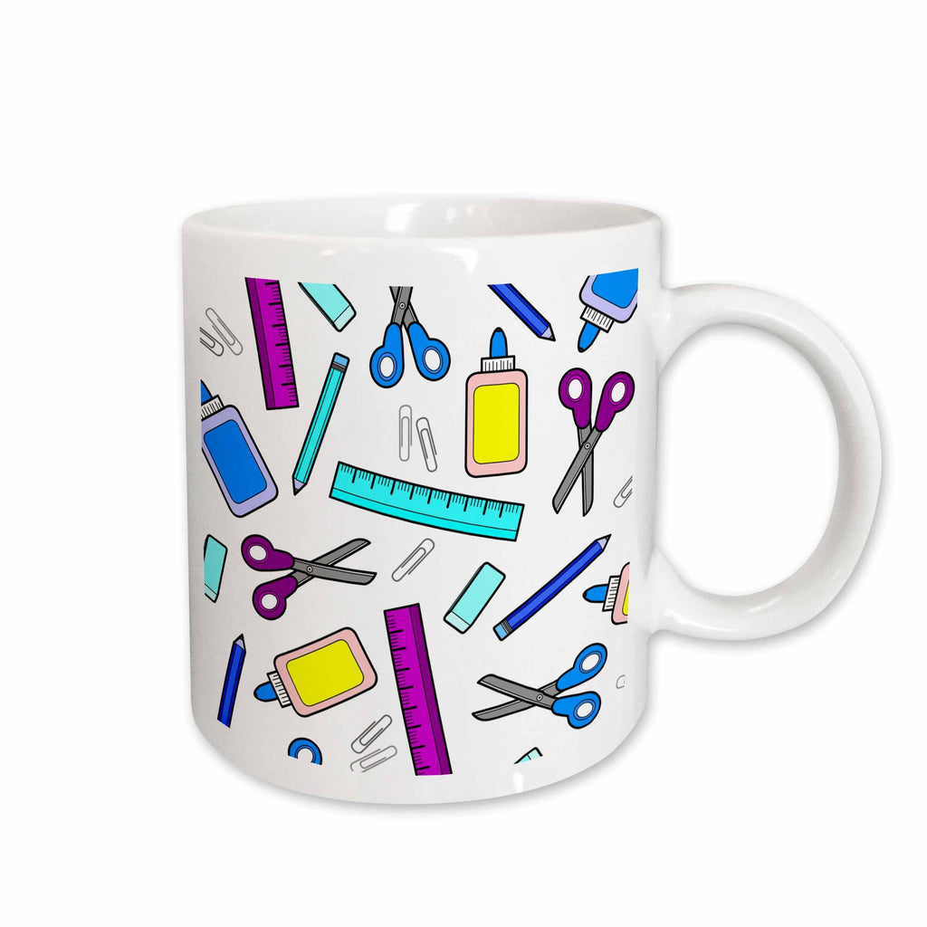 3dRose Cute Cartoon Purple and Blue School Supplies - White - Mugs (mug_77586)