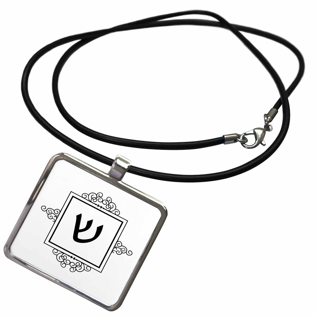 3dRose InspirationzStore Judaica - Shin Hebrew alphabet Monogram Letter S or Sh sound Sin black initial - Necklace With Rectangle Pendant (ncl_164934)