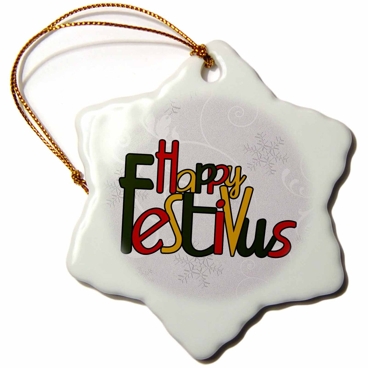 3dRose Doreen Erhardt Christmas Collection - Happy Festivus Red, Gold, Green, Snowflake Background Silver, White - Ornaments (ORN_101842)