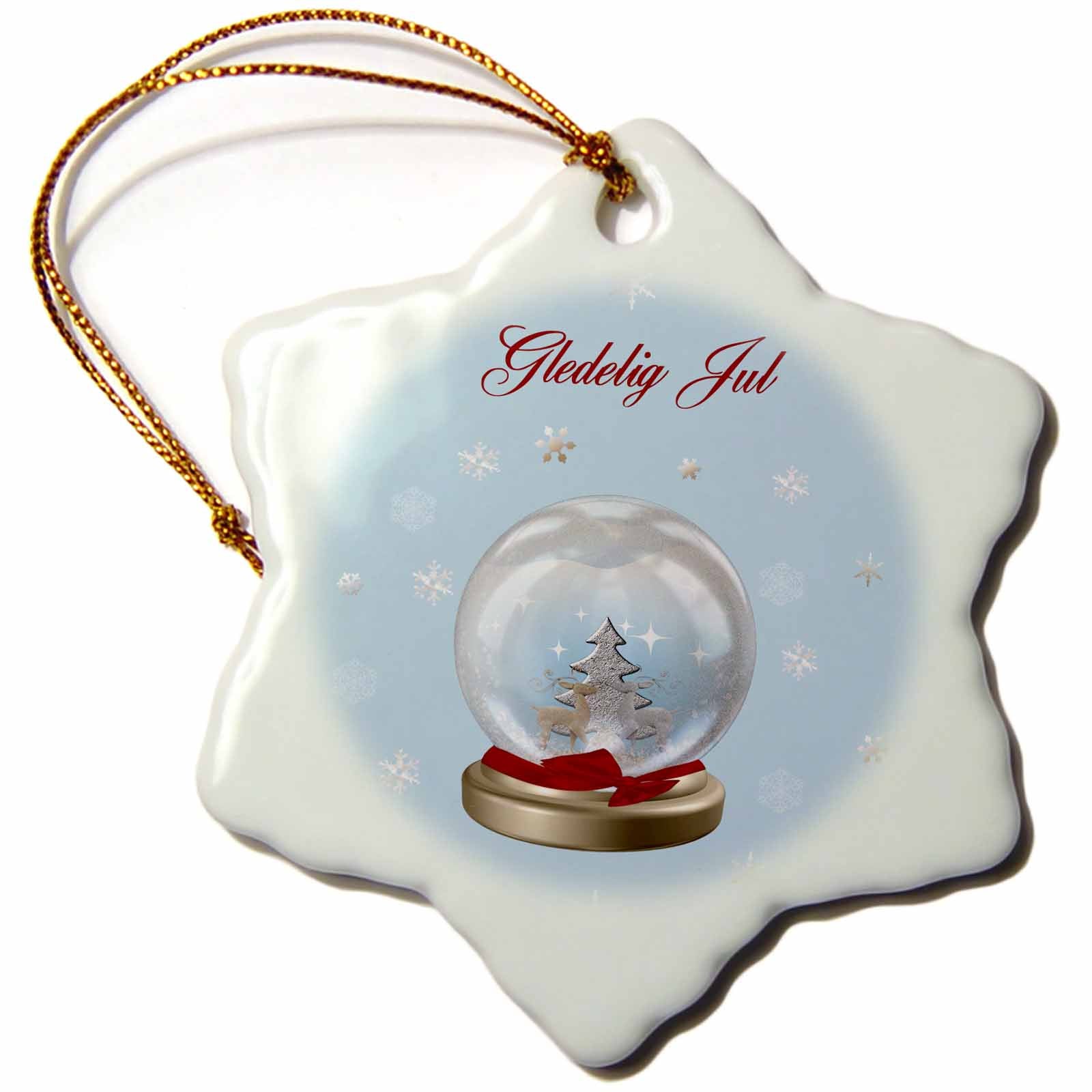 3dRose Beverly Turner Christmas Other Languages - Snow Globe Deer, Tree and Snowflakes, Merry Christmas in Norwegian - Ornaments (ORN_160040)