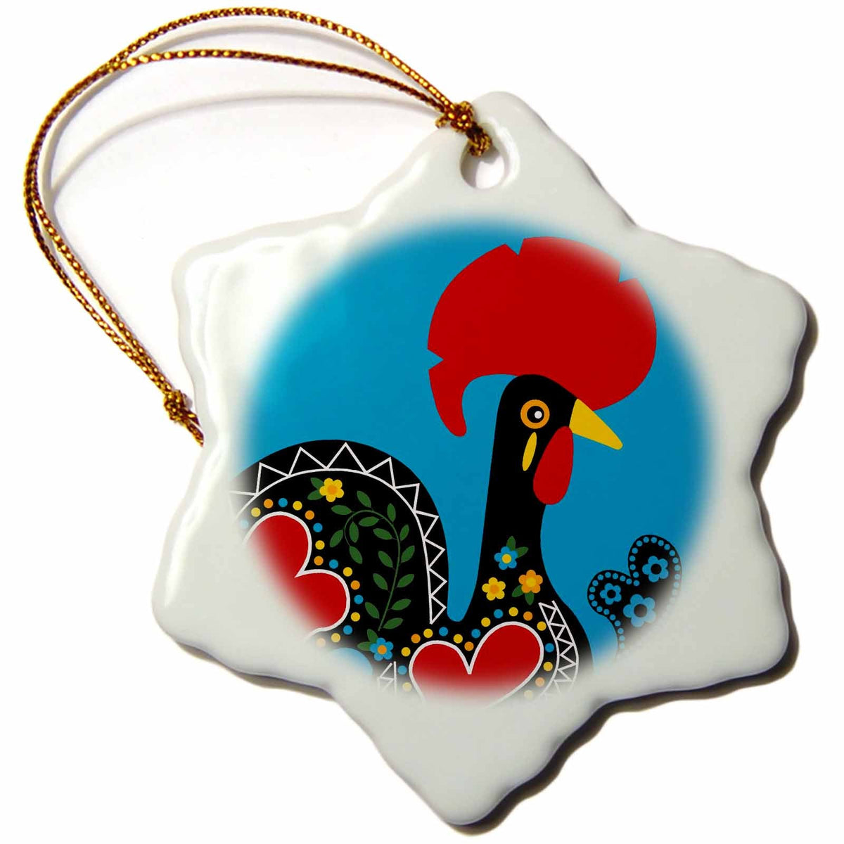 3dRose Belinha Fernandes - The Portuguese Rooster - The Black Portuguese Rooster on a Blue Background with a Heart - Ornaments (ORN_160660)