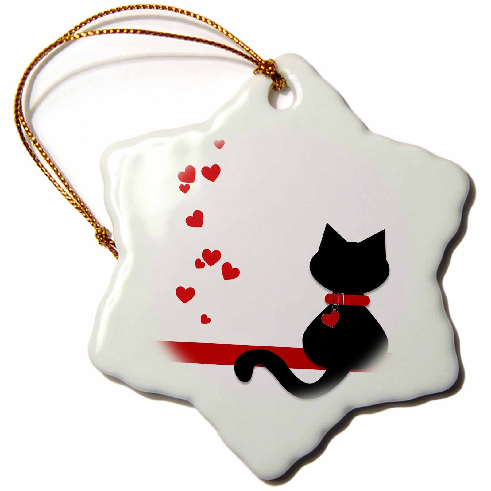 3dRose Charlyn Woodruff - CW Designs Whimsical Collection - Pet Lovers Red Hearts Black Kitty Cat - Ornaments (ORN_164791)