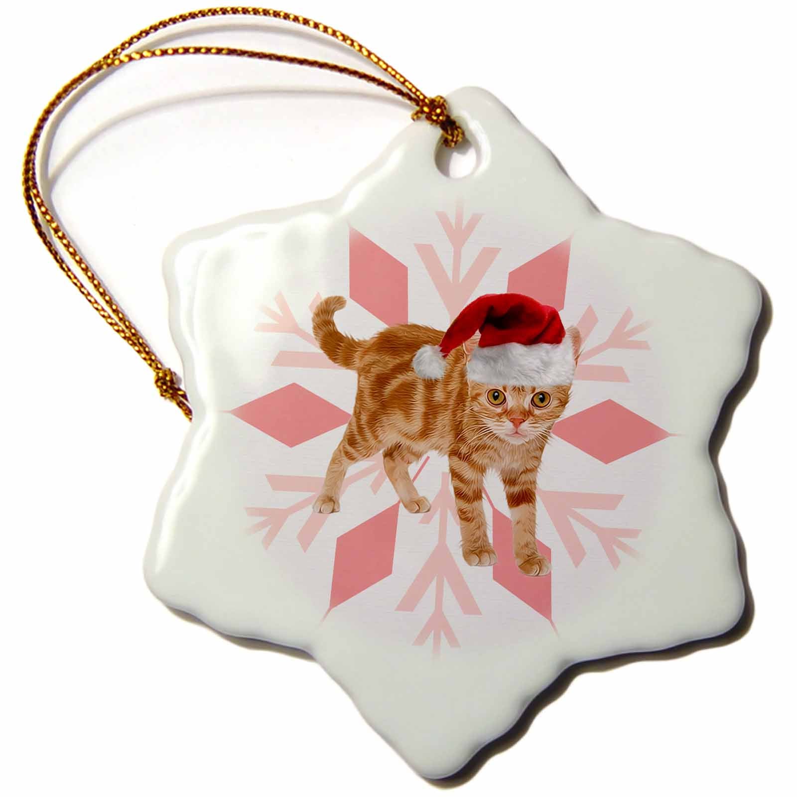 3dRose Doreen Erhardt Christmas Collection - Orange Tabby Cat in a Red Santa Hat Christmas Snowflakes - Ornaments (ORN_203009)