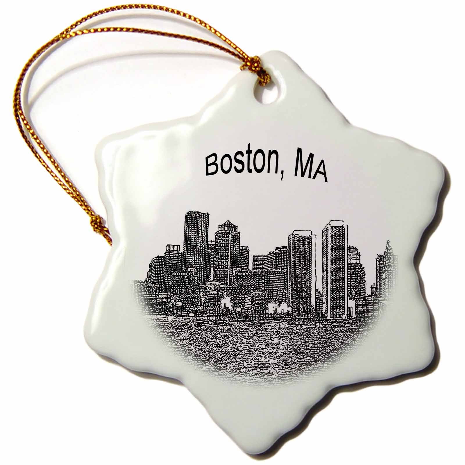 3dRose Sandy Mertens Massachusetts - Boston Downtown Skyline Line Art - Ornaments (ORN_21731)