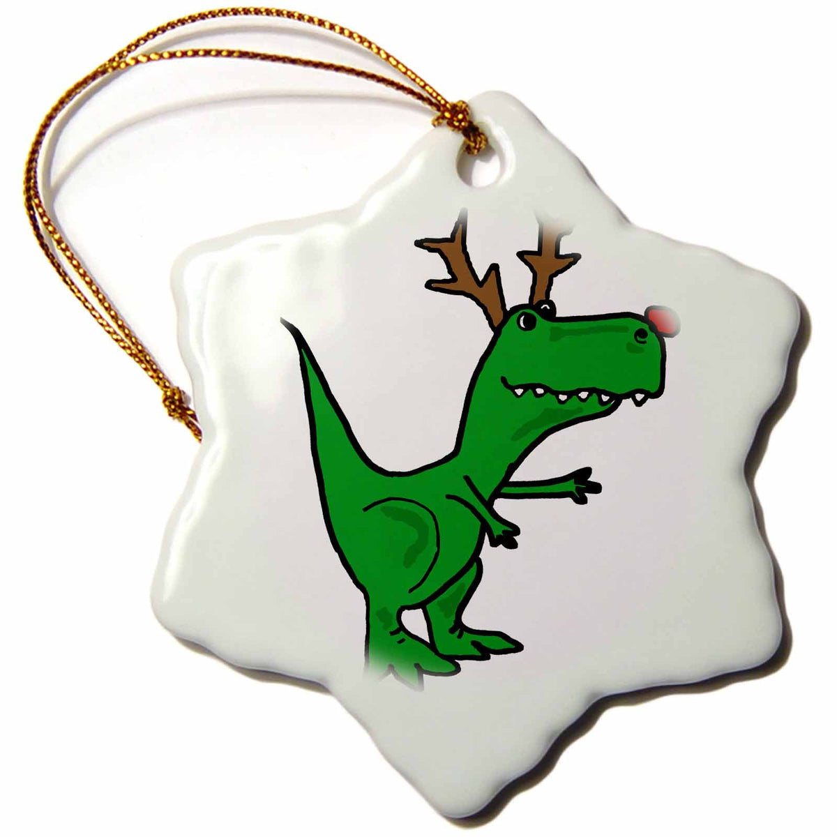 3dRose All Smiles Art Christmas - Funny Green T-Rex Dinosaur Dressed as Rudolph Reindeer - Ornaments (ORN_220491)
