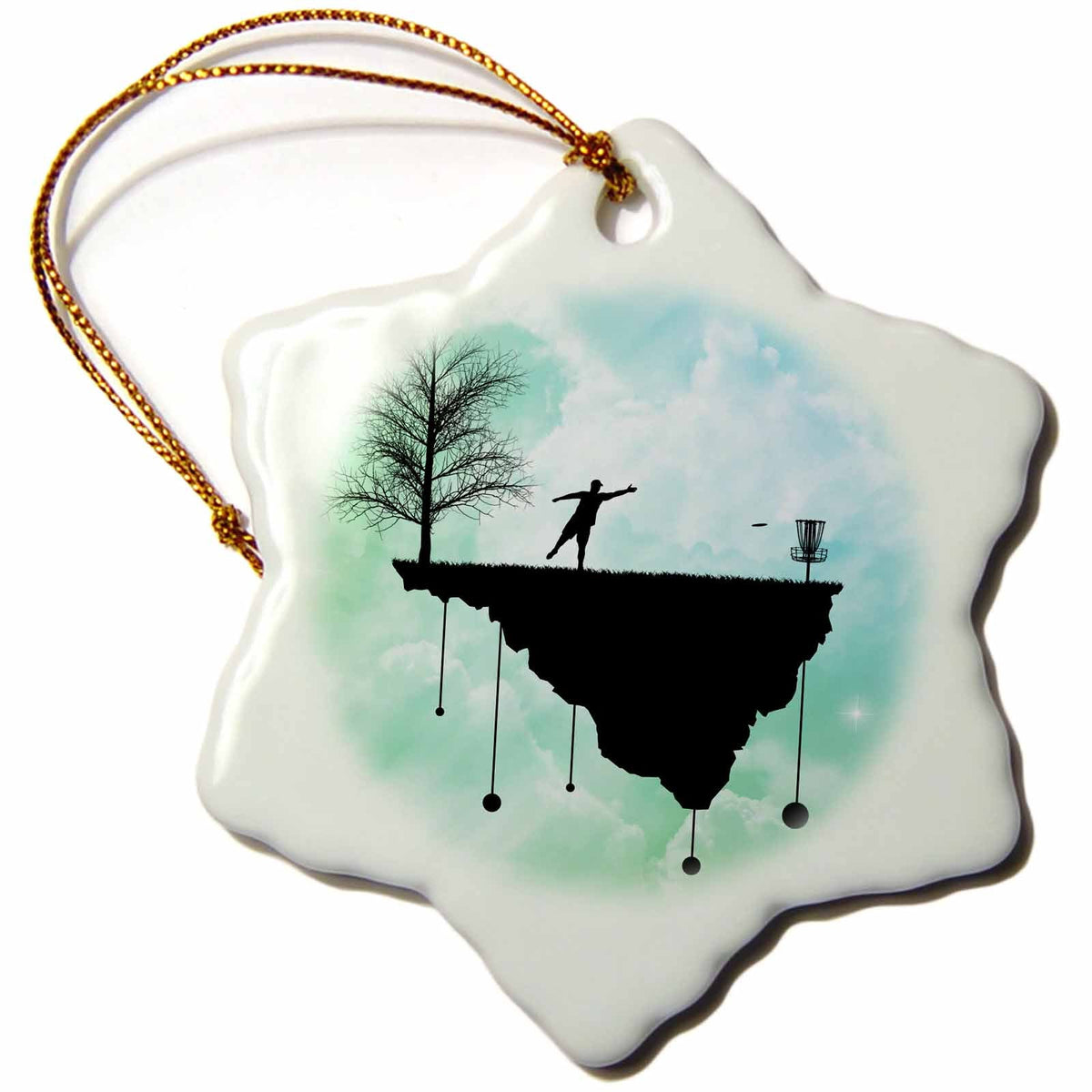 3dRose Phil Perkins - Disc Golf - Putt Plastic in Its Place - disc Golf Silhouette Putting with Blue Skies - Ornaments (ORN_243472)