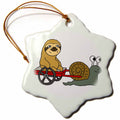 3dRose All Smiles Art Animals - Funny Sloth in Red Wagon Pulled by Snail - Ornaments (ORN_254014)