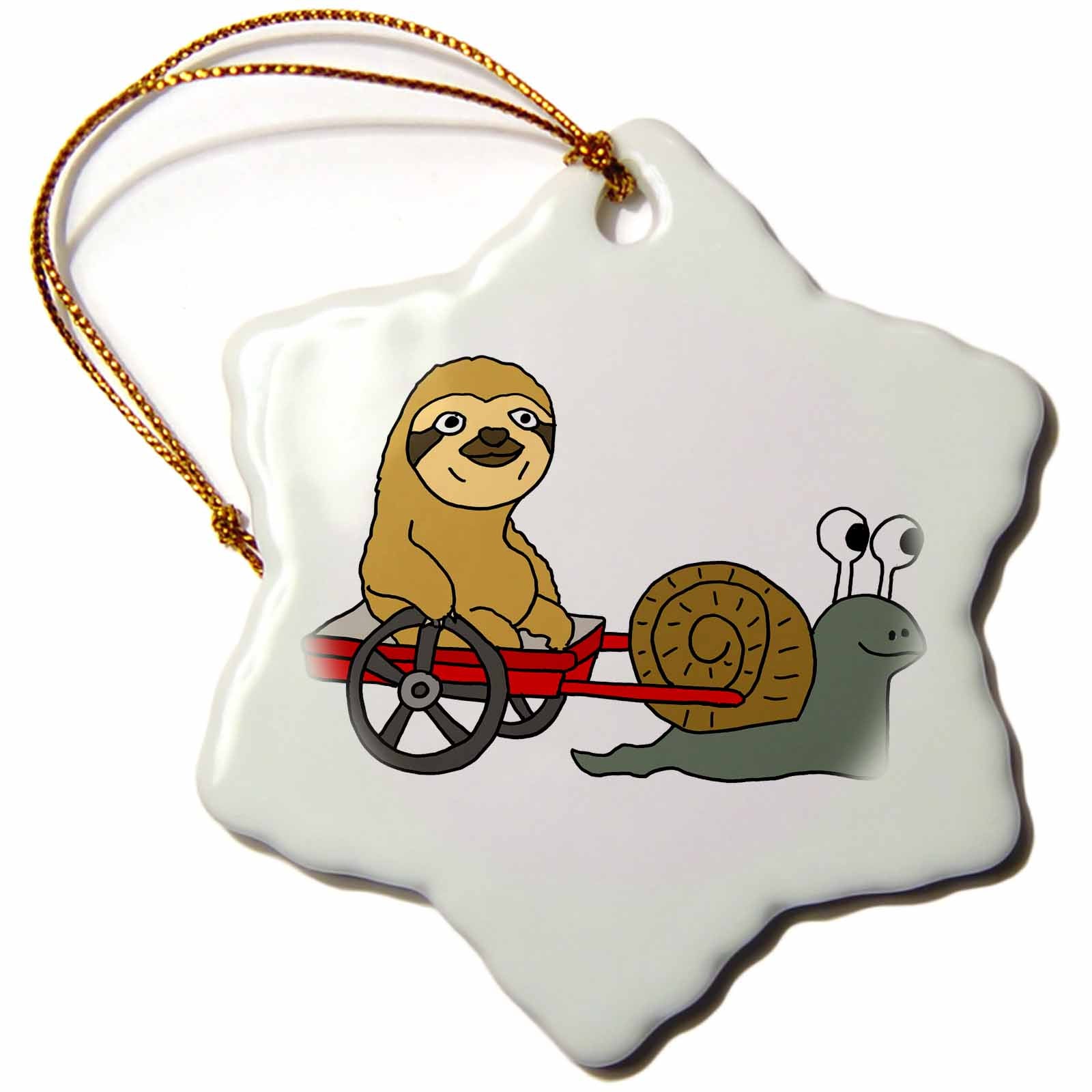 3dRose All Smiles Art Animals - Funny Sloth in Red Wagon Pulled by Snail - Ornaments (ORN_254014)