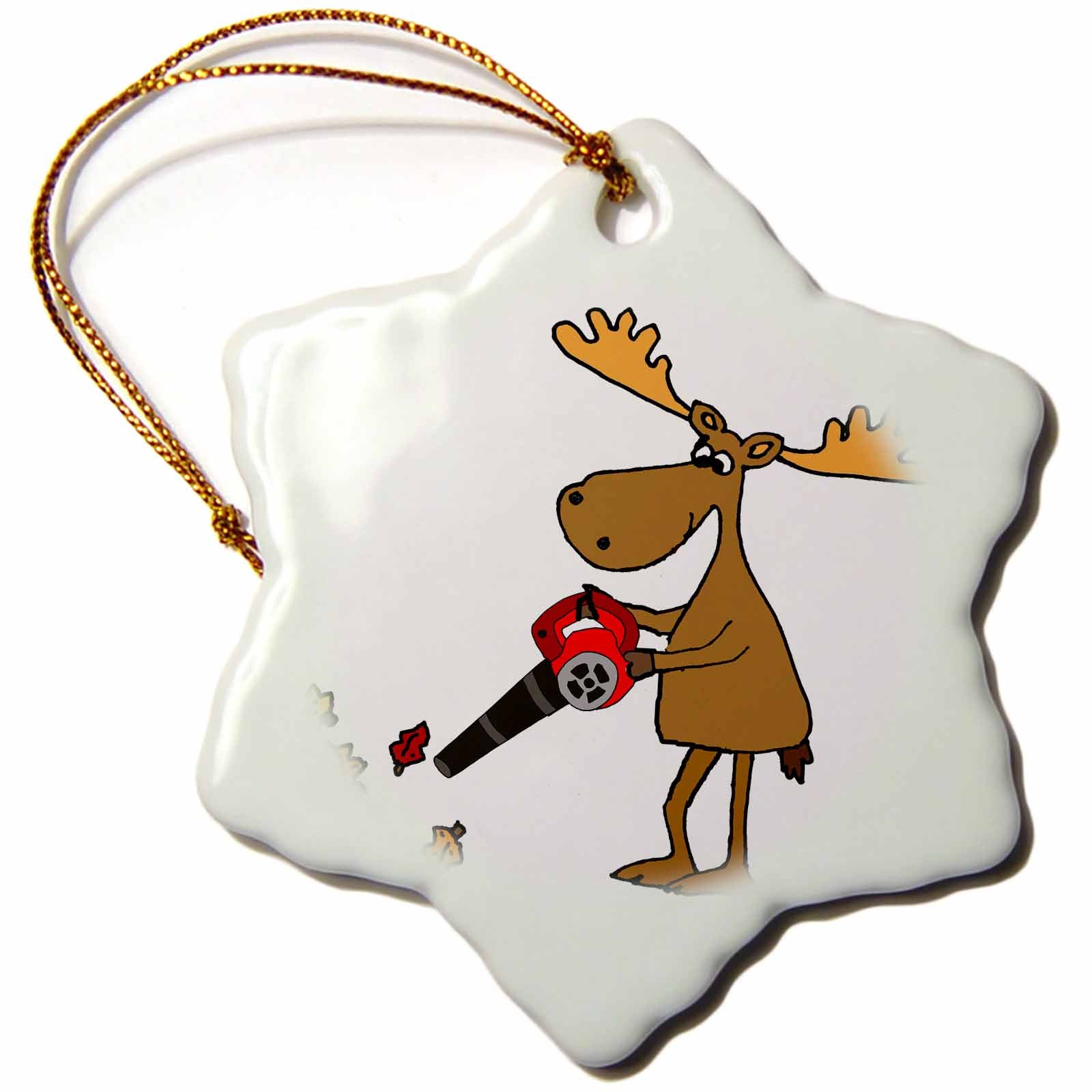 3dRose All Smiles Art Animals - Funny Cute Moose Using Leaf Blower Yard Work Cartoon - Ornaments (ORN_263877)